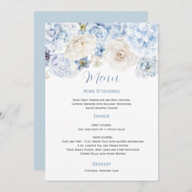Pale Blue and White Floral Wedding Menu Invitation (Front/Back)