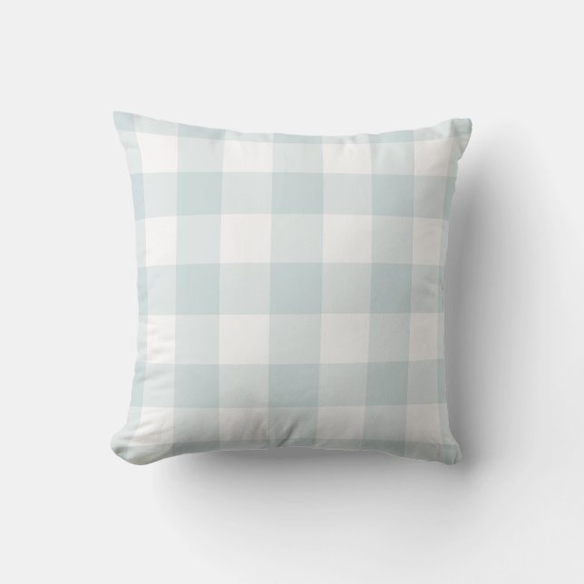 Pale Blue and White Gingham Pattern Chequered Outdoor Pillow (Front)
