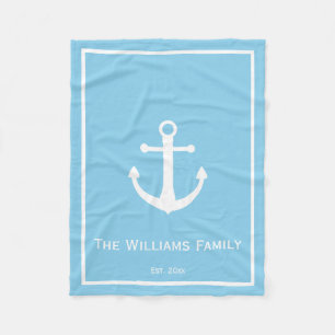 Pale Blue and White Nautical Anchor Fleece Blanket