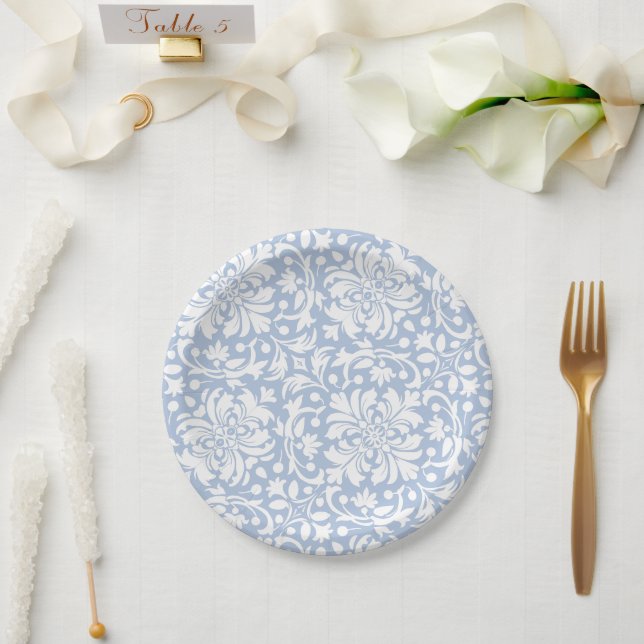 Pale Blue and White Ornate Damask Tile Paper Plate (Wedding)