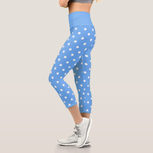 Pale Blue and White Polka Dots Capri Leggings