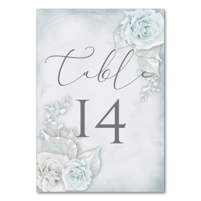 Pale Blue and White Roses Wedding Table Number (Front)