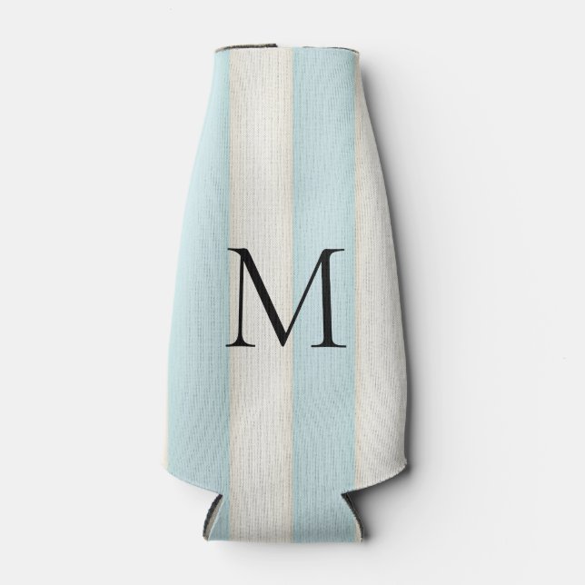 Pale Blue & Antique White Stripes Monogrammed Bottle Cooler (Front)
