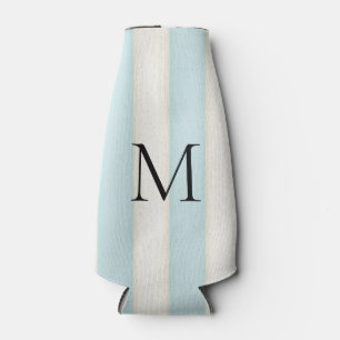 Pale Blue & Antique White Stripes Monogrammed Bottle Cooler
