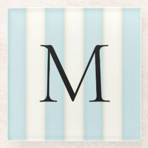 Pale Blue & Antique White Stripes Monogrammed Glass Coaster