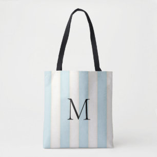 Pale Blue & Antique White Stripes Monogrammed Tot Tote Bag