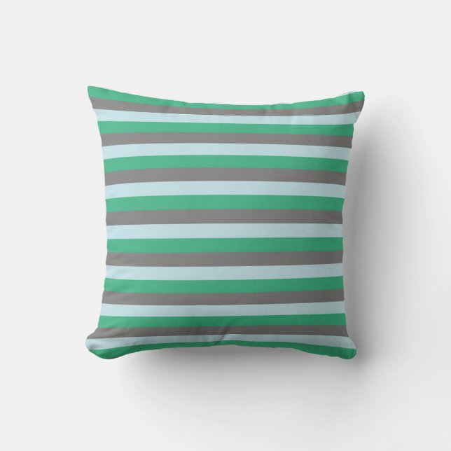 Pale Blue, Aqua Green and Charcoal Grey Stripes Throw Pillow (Front)
