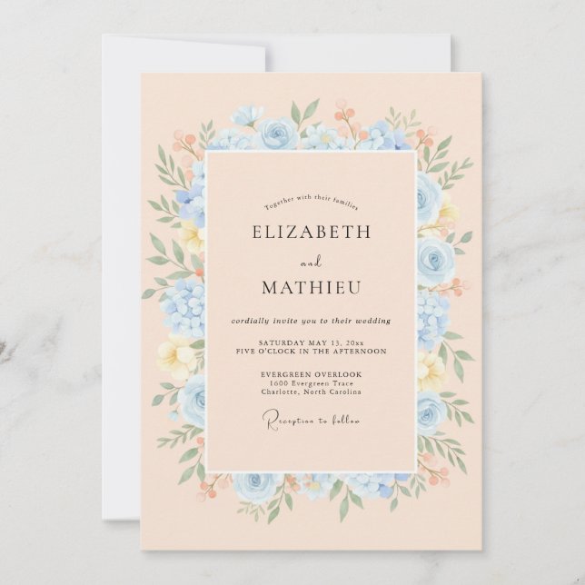 Pale Blue Blooming Botanical Wedding Invitation (Front)