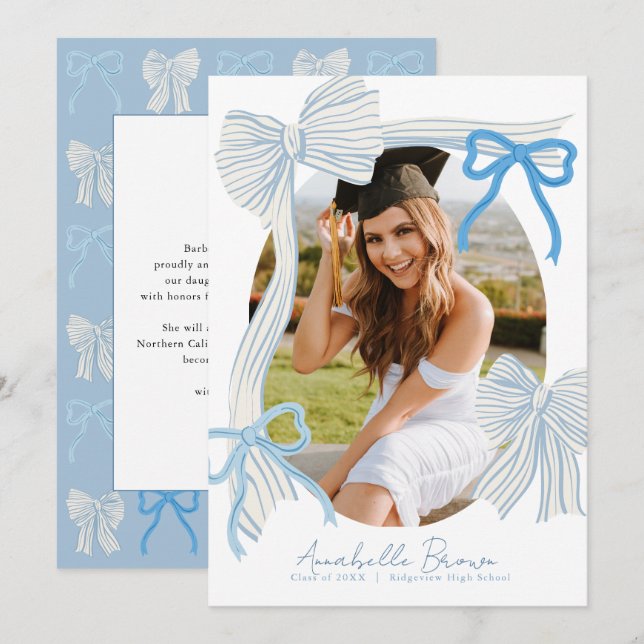 Pale Blue Bows Photo Text Graduation Announcement (Front/Back)