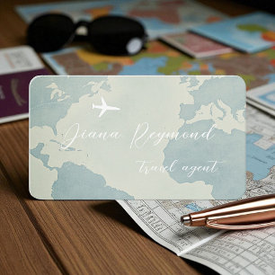 Pale Blue Business Card  with World Map and Plane
