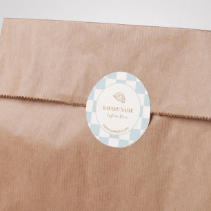 Pale Blue Chequered Cafe Croissant Bakery Classic Round Sticker