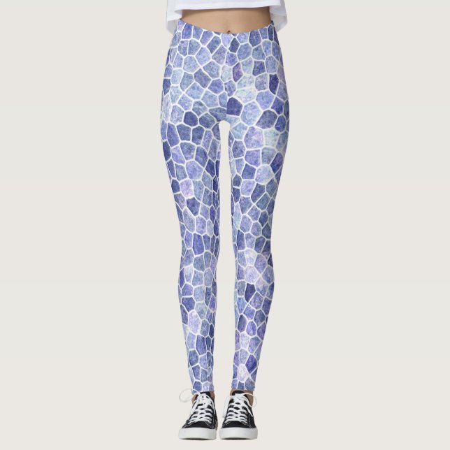 Pale Blue Cobbled Patchwork Terrazo Pattern Leggings (Front)