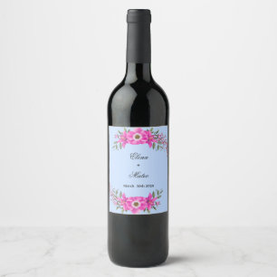 Pale Blue Colour with Elegant Pink flower Garden Wine Label