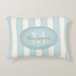 Pale Blue & Cream Stripes Oval Framed Monogram Accent Pillow