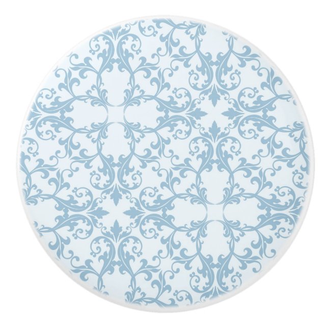 Pale Blue Damask Ceramic Knob (Front)