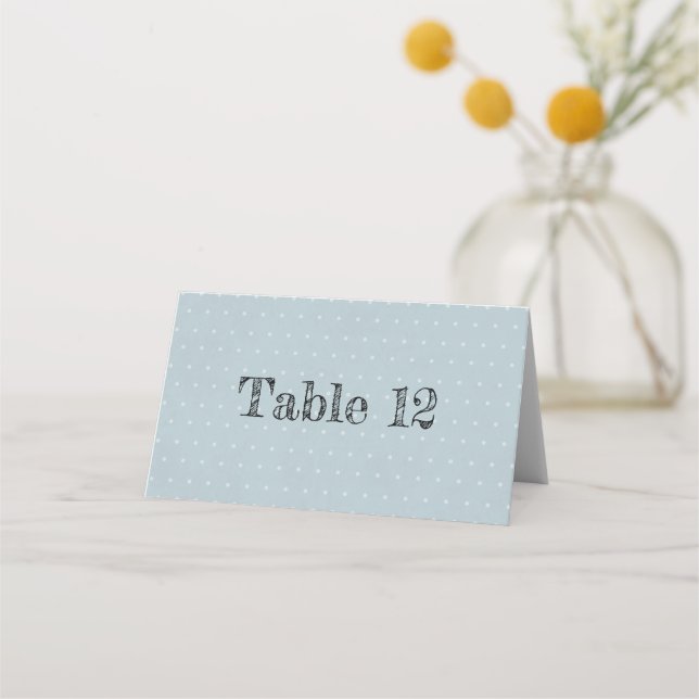 Pale Blue Distressed Text White Polka Dots Place Card (Front)