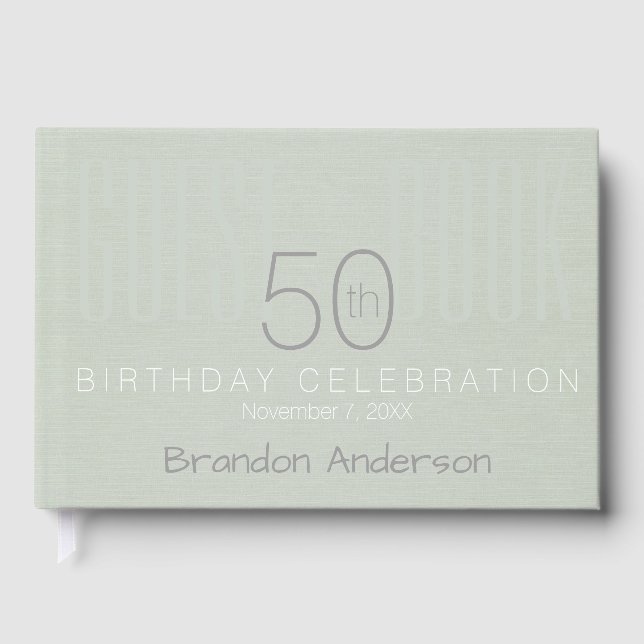 Pale Blue faux Linen 50th Birthday Guest Book (Front)