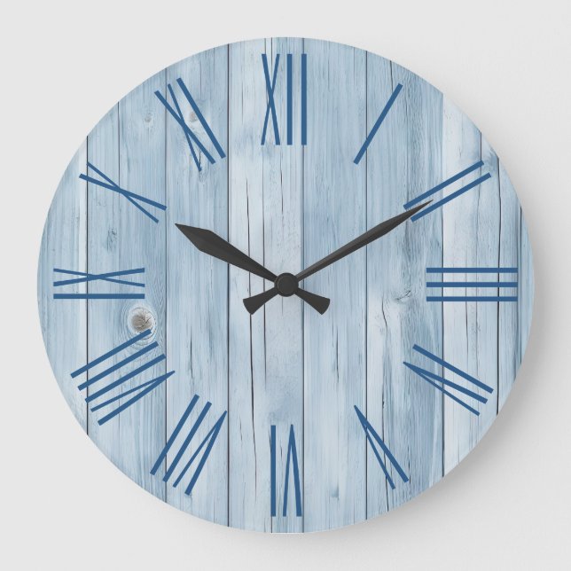 Pale Blue Faux Wood Grain Roman Numerals Large Clock (Front)