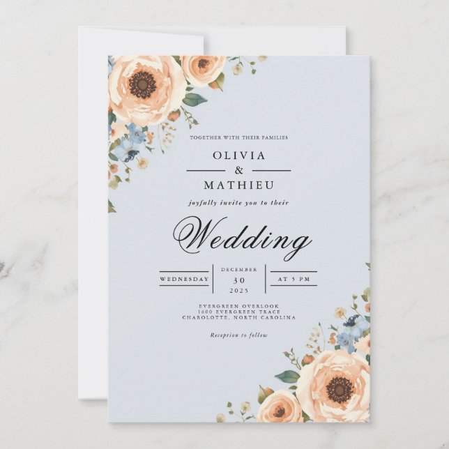 Pale Blue Floral Romantic Arch Wedding Invitation (Front)