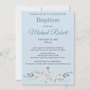 Pale Blue Floral Watercolor Cross Baptism Invitation