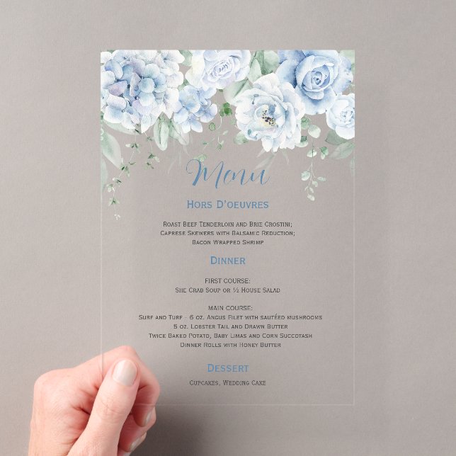 Pale Blue Floral Wedding Menu Acrylic Invitations (Insitu (Handheld))