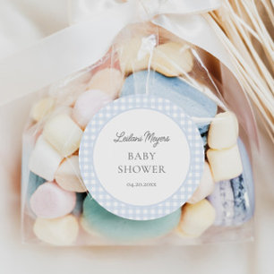 Pale Blue Gingham Classic Boys Baby Shower Round Sticker