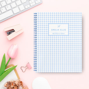 Pale Blue Gingham Grandmillennial Monogram Name Notebook