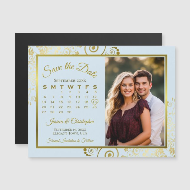 Pale Blue & Gold Calendar Photo Save Date Magnet (Front/Back)