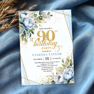 Pale blue gold floral blend fancy 90th birthday  invitation