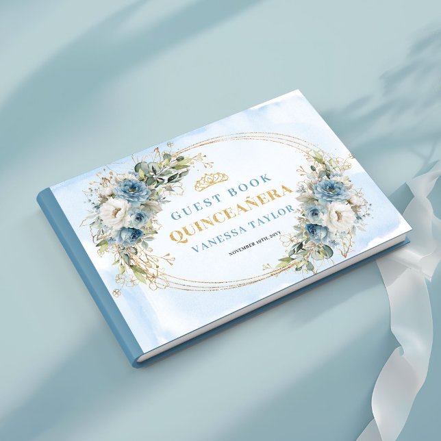 Pale Blue Gold Greenery Quinceañera Sign Book (Pale Blue Gold Greenery Quinceañera Sign Book)