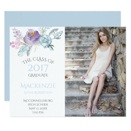 Pale Blue Lavender Floral Photo Graduation Card