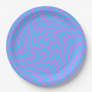 Pale Blue & Lavender Waved Chequered Pattern      Paper Plate