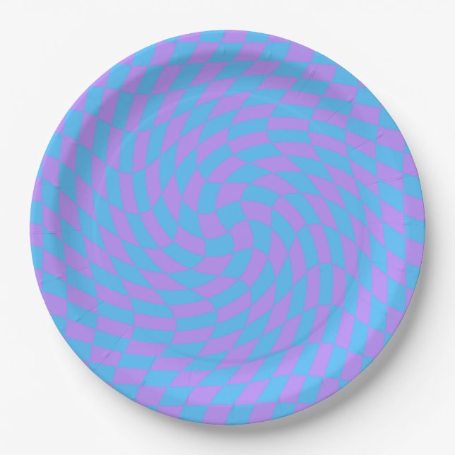 Pale Blue & Lavender Waved Chequered Pattern      Paper Plate (Front)