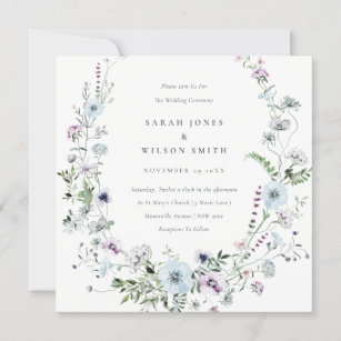 Pale Blue Lilac Wildflower Wreath Wedding Invite