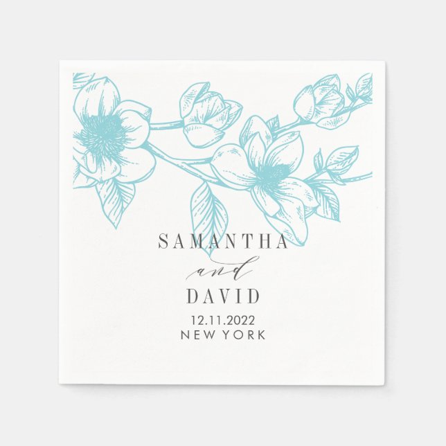 Pale Blue Magnolia Wedding floral personalized Napkin (Front)