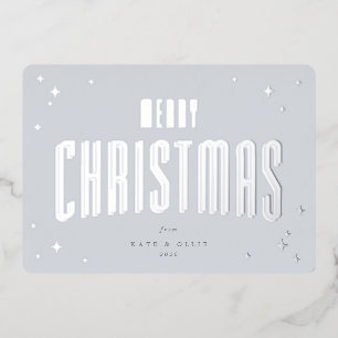 Pale Blue Merry Christmas Retro Stars Flat Foil Holiday Card