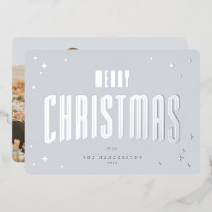 Pale Blue Merry Christmas Retro Stars Photo  Foil Holiday Card