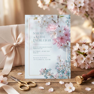 Pale Blue Misty Romantic Sakura Gold Frame Wedding Invitation