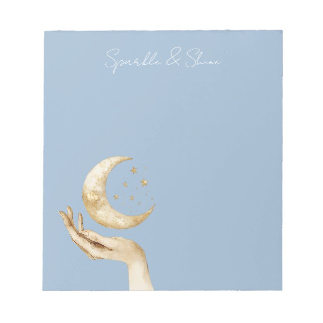 Pale Blue Moon Stars Hand Gold Notepad (Front)