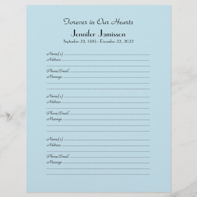 Pale Blue or Your Colour Memorial Book Filler Page (Front)