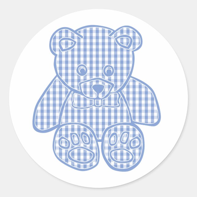 Pale Blue Pastel Gingham Teddy Bear Classic Round Sticker (Front)