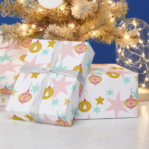 Pale Blue, Pink and Gold Vintage Retro Christmas Wrapping Paper