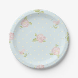 pale blue polka dot cream vintage floral pink paper plate