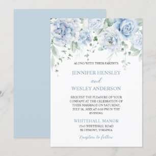 Pale Blue Roses Hydrangeas Wedding Invitation