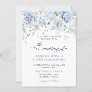 Pale Blue Roses Hydrangeas Wedding Invitation