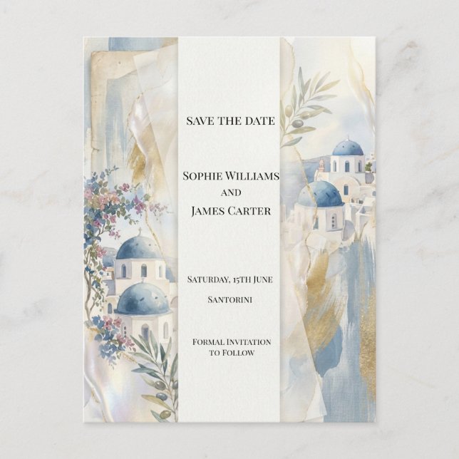 Pale Blue Santorini Save The Date Postcard (Front)