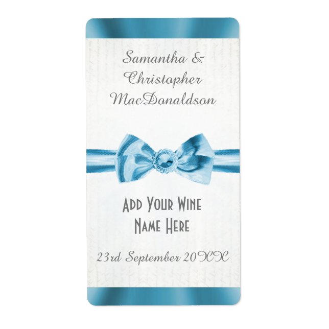 Pale blue satin ribbon bow wedding wine bottle (Front)
