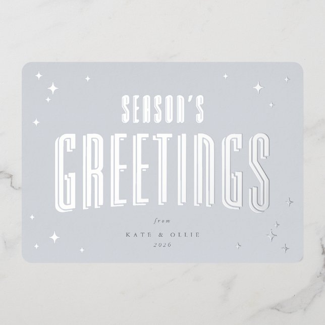 Pale Blue Season's Greetings Retro Stars Flat Foil Holiday Card (Front)
