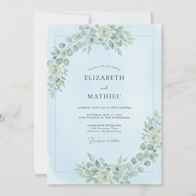 Pale Blue Serene Floral Wedding Invitation (Front)
