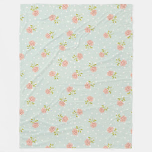 pale blue shabby chic polka dot white pink floral fleece blanket